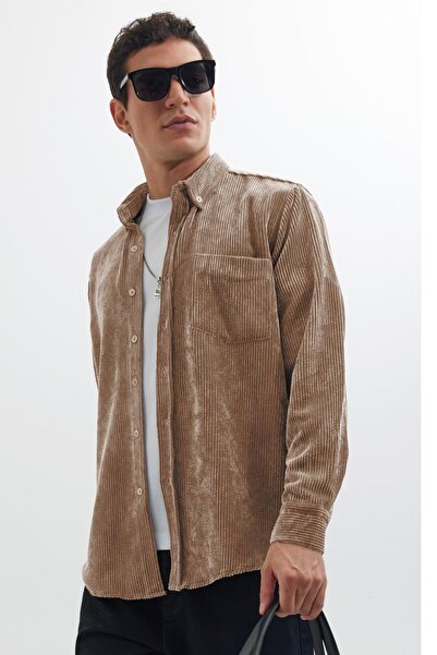 Tudors Erkek Regular Fit Rahat Kesim Fitilli Kadife Görünüm Düğmeli Yaka Açık Kahve Ceket Gömlek