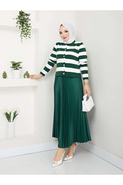 exxitcollection Γυναικείο Μαντίλι Πλεκτό Ζακέτα Πλισέ Φούστα Διπλό Σετ