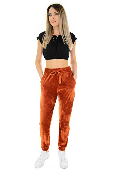 Elis Fashion Women's brown velvet pants with high elastic waist
