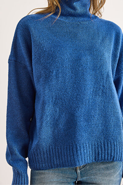 Olalook Pulover tricotat cu textura moale pentru femei, indigo, cu gât roșu, KZK-19001036