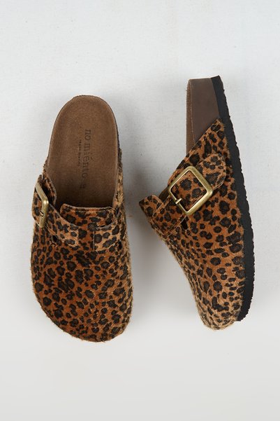 no miento Cancun Women's Vegan Leather Buckle Leopard Sabo Slippers
