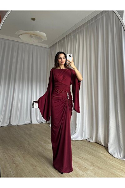 Mooi Butik ISABEL Maxi Elbise 8755 - Bordo