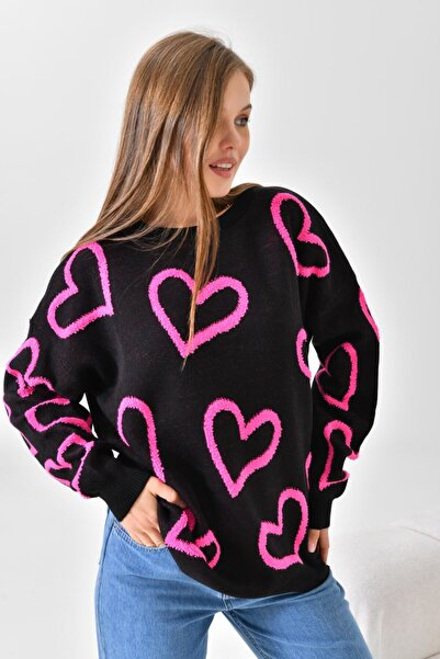 Miss Allos Pulover tricotat cu model de inimă guler rotund pentru femei