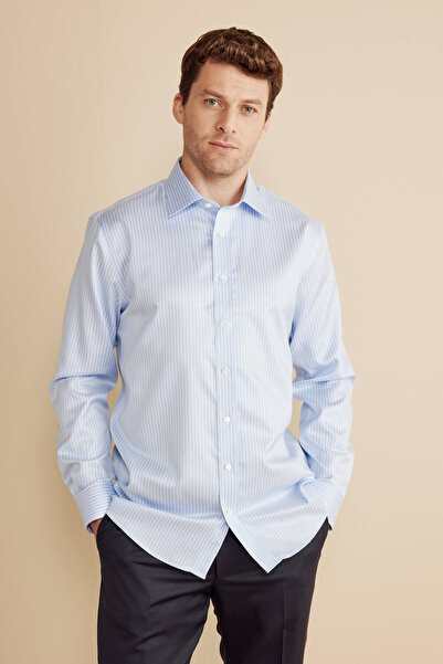 BROOKS BROTHERS Erkek Mavi-Beyaz %100 Pamuk Klasik Yaka Regular Fit Çizgili Non Iron Gömlek