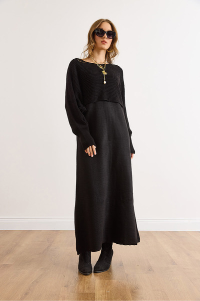 Olalook Kadın Siyah Kazak Elbise Triko Takım TKM-19000453