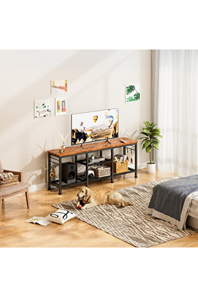 Yanara حامل تلفزيون مقاس 120*30 سم مع رف مكبر صوت، وحدة تحكم وسائط بلون بني ريفي مع أرفف تخزين مفتوحة