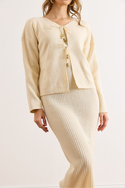 Olalook Kadın Ekru Üst Hırka İç Elbise Triko Takım TKM-19000456