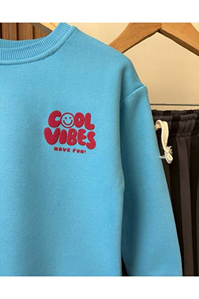 Little Miny Kids Cool Vibes Pattern Blue 100% Cotton Striped Boys' Top and Bottom Set