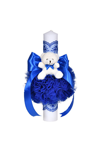 BebeNou Λαμπάδα Βάπτισης Μπλε Διακόσμηση, Δαντέλα & Αρκουδάκι για Αγόρια