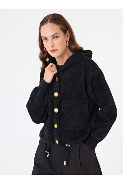 Refka Gold Button Detailed Tie-Up Cardigan - Black -