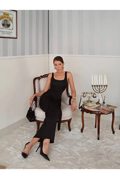 Buklemoda Front Tie Detail Stretch Fabric Maxi Dress Black