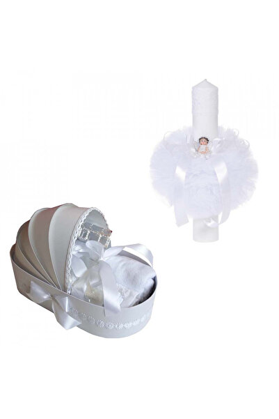 BebeNou Set botez în cutie leagăn cu lumânare albă unisex