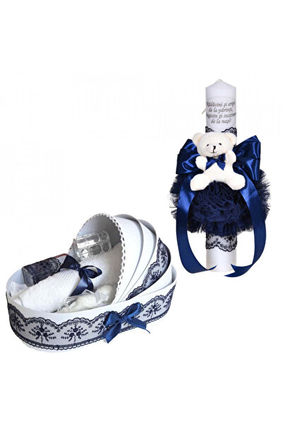 BebeNou Set lumânare de botez și trusou din dantelă bleumarin pentru băieți