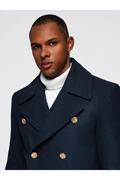OMBRE Pánský kabát s dvouřadým zapínáním v námořnickém stylu v tmavě modré barvě s vlnou v1 OM-COWC-0134