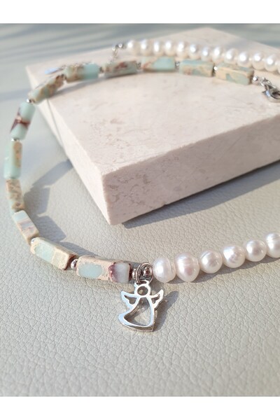 Abundo Cultured pearl and imperial jasper necklace with angel pendant and 925 silver, 42 cm