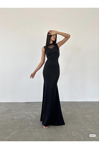 Modafeminen Sequined Tulle Mesh Detailed Strappy Maxi Length Mermaid Model Long Evening Dress 582927 Black