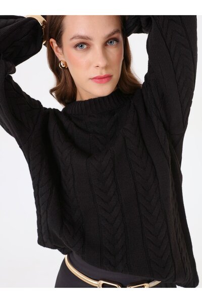 Refka Saç Örgü Detaylı Basic Triko Kazak - Siyah -
