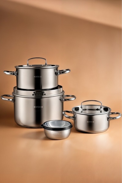 Karaca Burgaz 8-Piece Steel Cookware Set with Foldable Handles and Strainer Lid