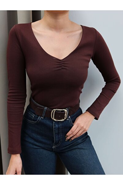 ESRAHELVACI V-Neck Gather Detail Long Sleeve Blouse