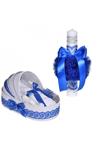 BebeNou Σετ λαμπάδας βάπτισης με μήνυμα & μπλε Δαντέλα Layette Denikos C1064