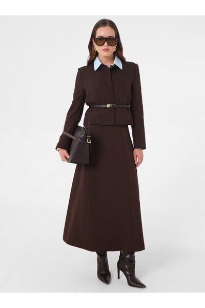 Refka Διπλό Σετ Φούστα και Μπουφάν με Λεπτομέρεια Ζώνης - Πικρό Καφέ -