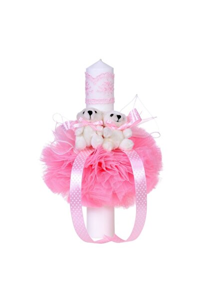 BebeNou Λαμπάδα Βάπτισης με 2 Αρκουδάκια Αγόρι Ροζ Τούλι Denikos® 48