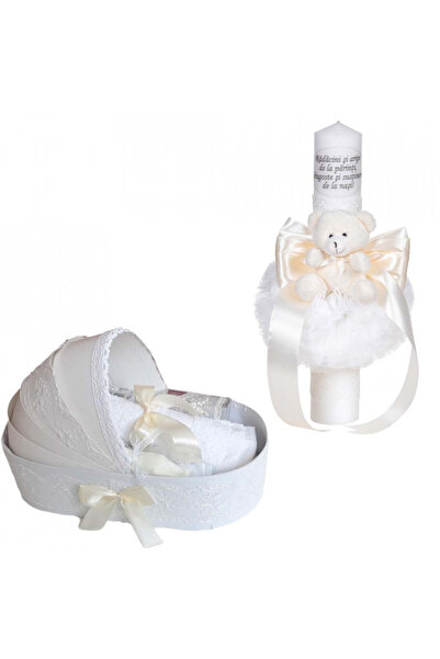 BebeNou Set de botez Lumânare și Ursuleț de pluș din dantelă fildeș de la Den...