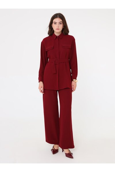 Refka Set din două piese: cămașă cu curea și pantaloni cu picioare largi - Burgundy -