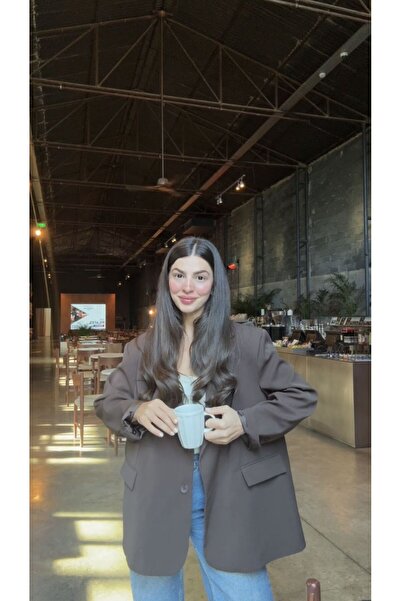 biezy Acı kahve içi astarlı oversize blazer ceket