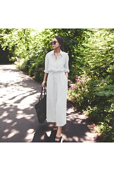 Sacrosa Keten Günlük Rahat Beli Bağcık Detaylı Uzun Kol Elbise