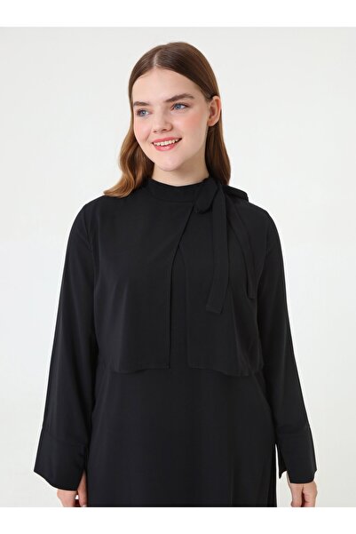 ALİA Bağlama Detaylı Şık Büyük Beden Elbise - Siyah -