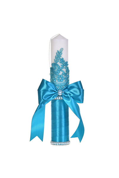 BebeNou Κομψή Τυρκουάζ Λαμπάδα Βάπτισης, Δαντέλα, Χάντρες, Φιόγκος