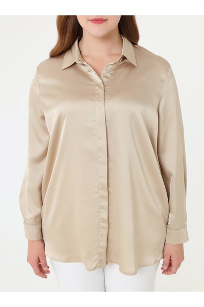 ALİA Plus Size Button Detailed Satin Tunic - Kumtasi -