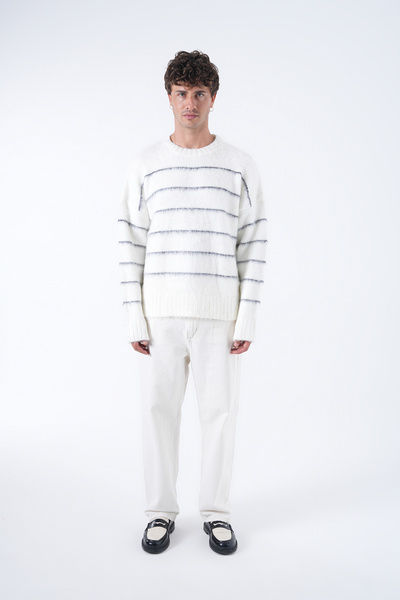 2512 Clothing سترة مخططة للجنسين مبطن بالصوف قصة فضفاضة تريكو بمظهر الموهير