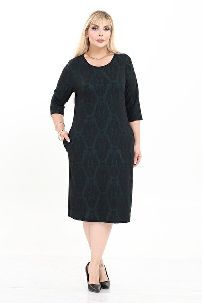 modayız Double Pocket Patterned Stretchy Winter Plus Size Midi Dress 9F-2719