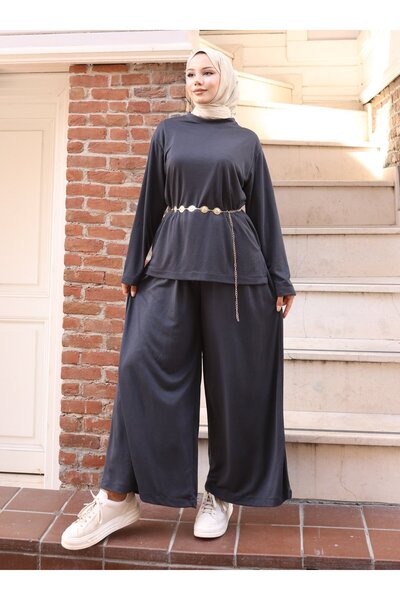 VAV Slitted Blouse and Pants Set - Anthracite -