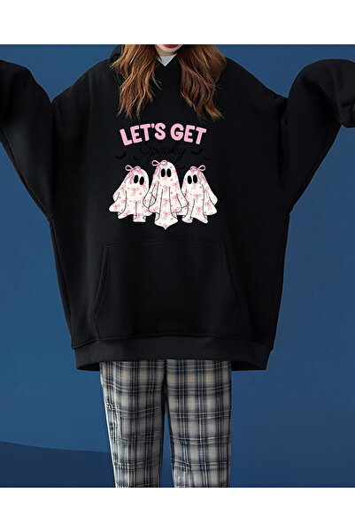 Le Savu Să obținem cu imprimeu de buzunare cangurii, cu glugă de culoare neag...