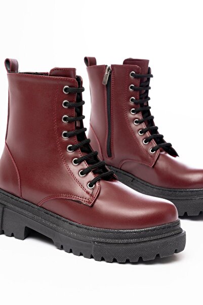 Aymood 812-356 Claret Red Lace-Up Zippered Daily Women's Boots