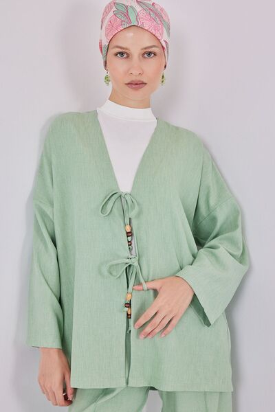 Hiccup Bdart Linen Blend Tie-Up Cardigan and Ribbed Detail Wide-Leg Pants Set