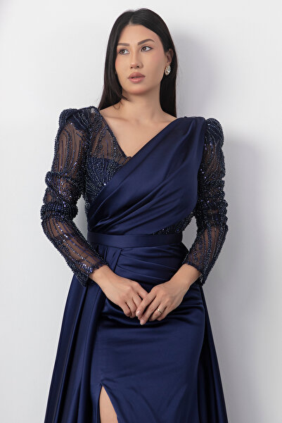 PULLIMM Double Breasted Collar Beading Detail Satin Dress Dmn5187