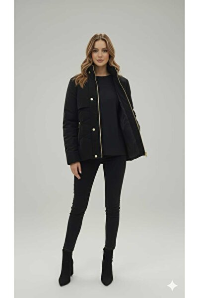 KMKkombin Women's Short Nova Fabric Lining Zippered Inflatable Coat with Hat