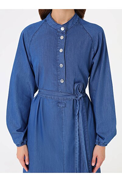 Refka Denim Reglan Kollu Kuşaklı Tesettür Elbise - Acik Mavi -