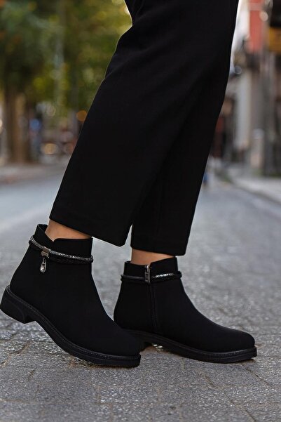 MODAONN Kadın Cilt ve Nubuk Aksesuar Detaylı Fermuarlı Rahat Kışlık Bot Kaymaz Taban H01