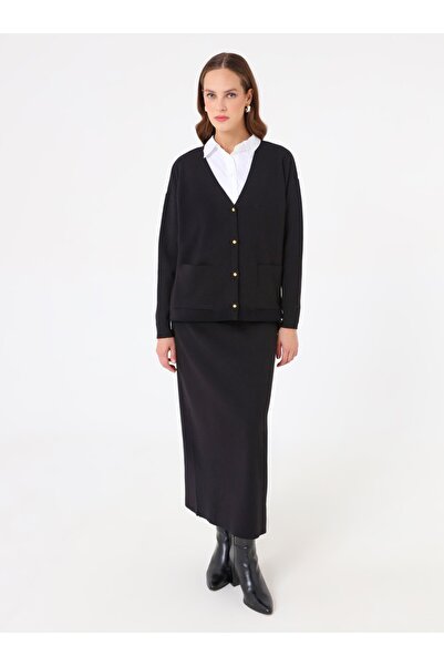 Refka Soft Button Pocket Detailed Cardigan & Skirt Knitwear Set - Black -