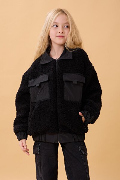 Perendi Πουκάμισο για κορίτσια με γιακά και τσέπες βελούδινο χειμερινό παλτό μαύρο