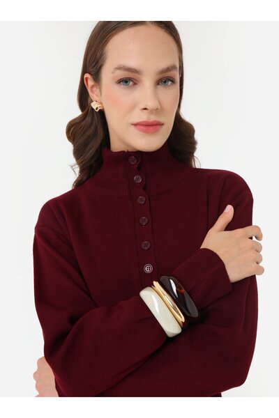 Refka Rochie hijab din tricot cu detaliu cu nasturi - Roșu Claret -