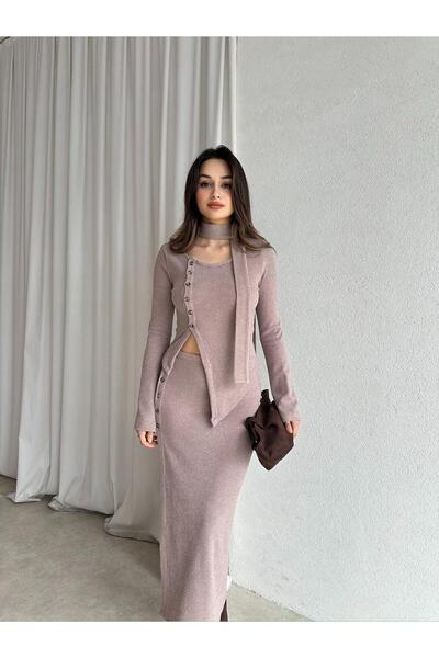 Mooi Butik Candis Knitwear Scarf Set 8512 - Mink