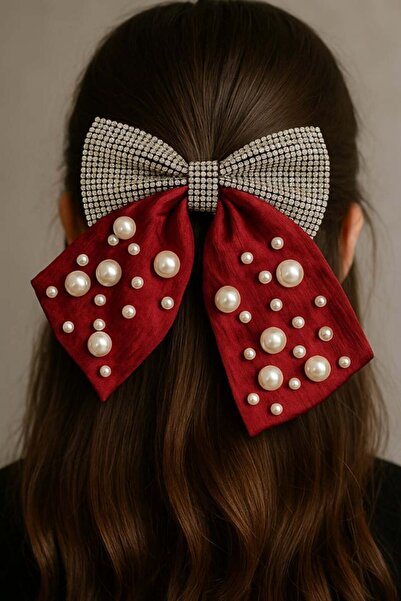 TAKIŞTIR Burgundy Color Ribbon Figured Pearl and Stone Detailed Automatic Buckle