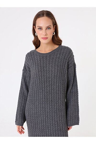 Benin Rochie hijab tricotată cu detaliu împletit - Antracit -