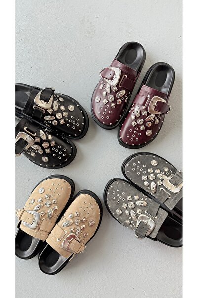 Eataly Shoes Burgundy Skin Genuine Leather Belt Buckle Closed Toe Women's Slippers